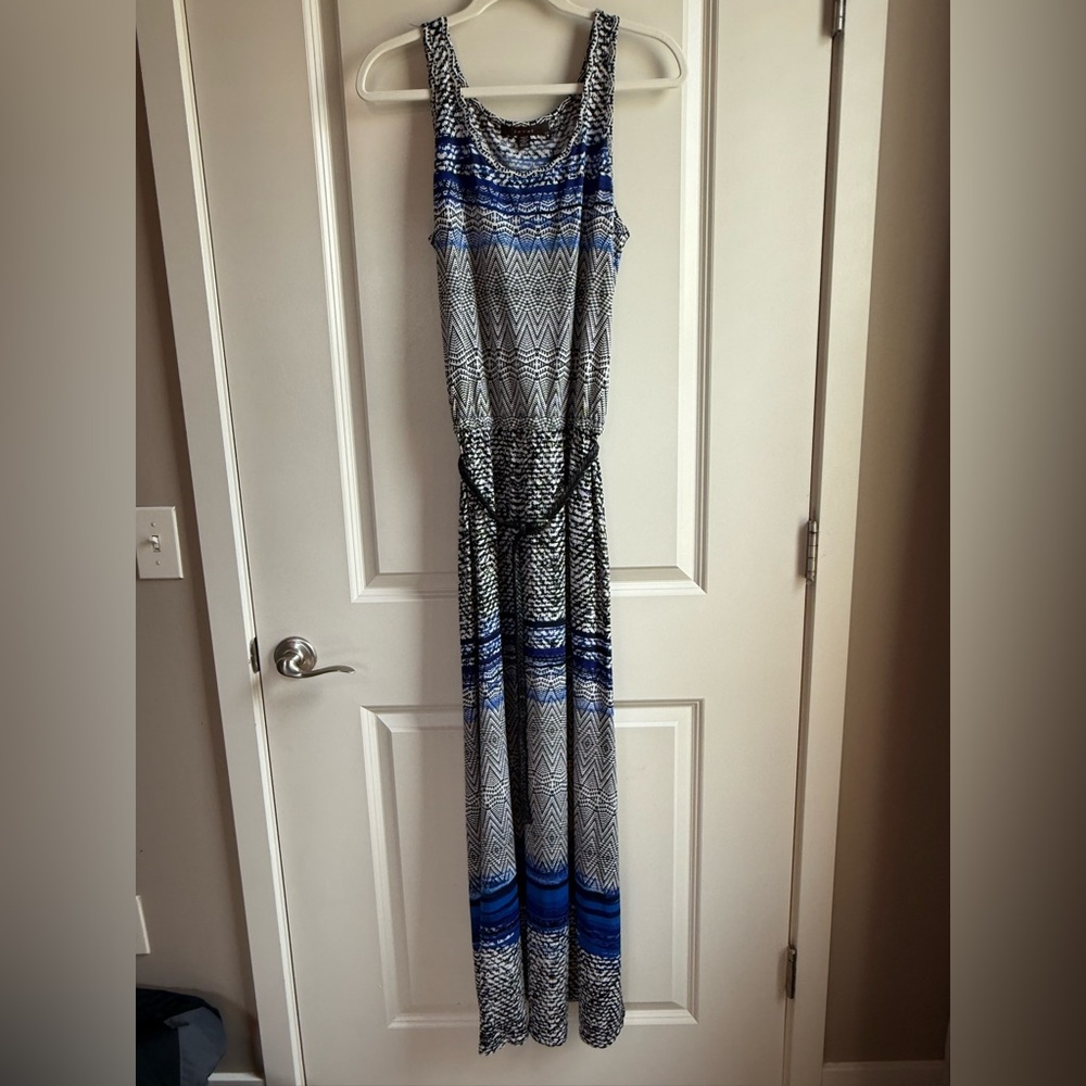 Fever Blue and Black Geometric Maxi Dress w/ Belt Womens Size Small